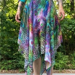 Boston Proper Asymmetrical Midi Peacock Leopard Skirt Purple Green Sz 14